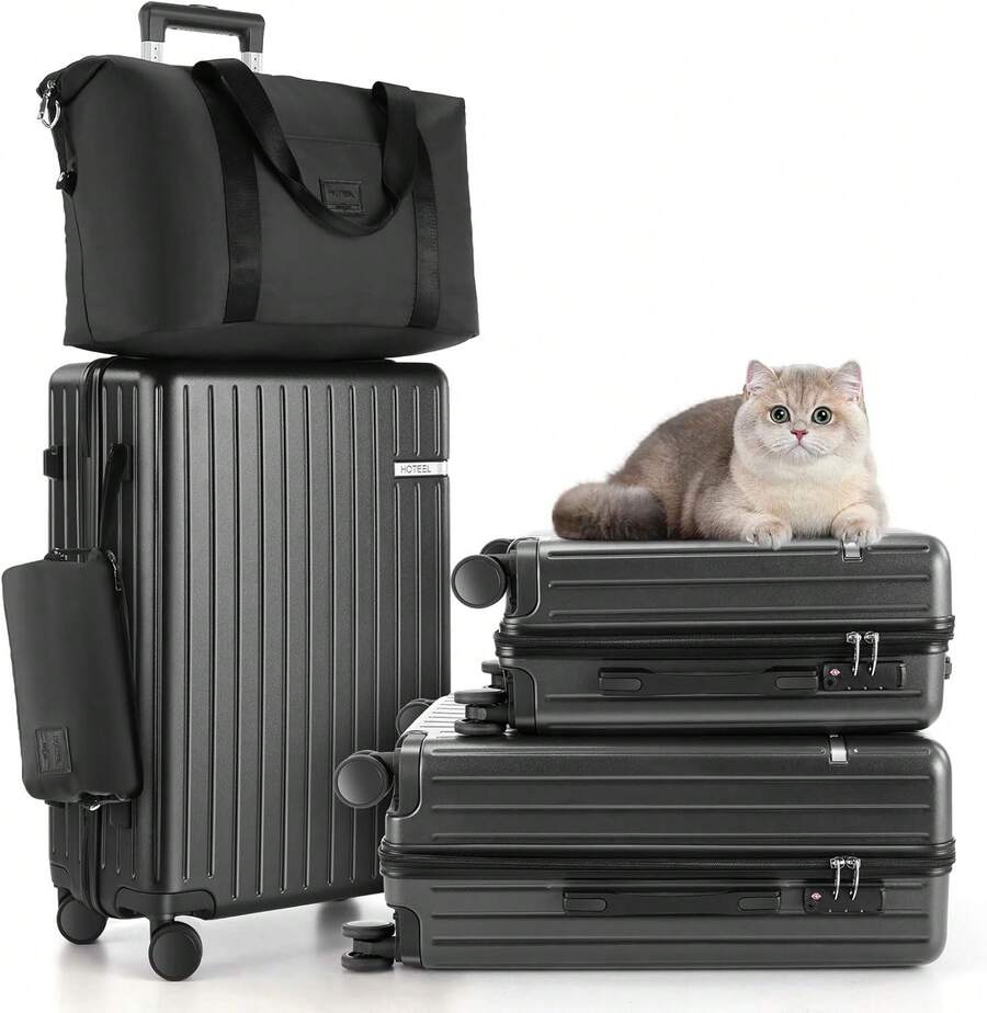 tooluck 5 Piece Luggage Sets(4-YEARS WARRANTY) ABS+PC Suitcases With Wheels And Side Hook Hardshell 20/24/28 Inch Luggage With Duffel Bag Travel Bag,Black - 5pcs 黑色 - 查看 1