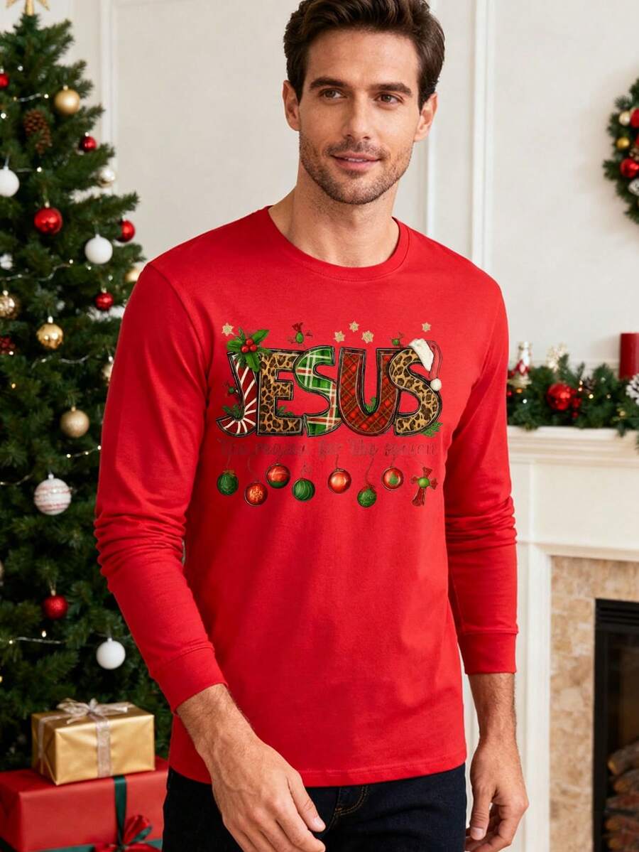 Jesus Christmas Graphic Men's Long Sleeve Casual And 100 Percent Cotton T Shirts Gifts For Men Christmas Christmas Outfit Women Christmas Pajamas Family Mens Clothes Multi Functional Loungewear For Daily Wear Christmas Pajamas Family - 紅色 - 查看 1