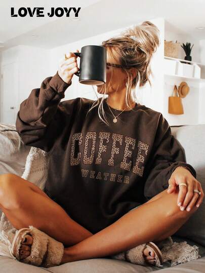 LOVE JOYY Women's Leopard Print "Coffee Weather" Letter Graphic Loose Fit Crew Neck Sweatshirt, Suitable For Casual Wear In Autumn/Winter, Long Sleeve Brown Pullover