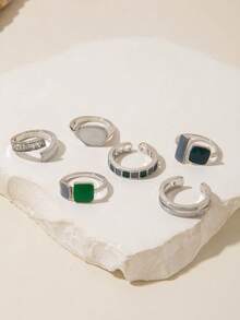 6pcs/Set Vintage French Geometric Square Crystal Luxury Minimalist Adjustable Stackable Rings For Women, Suitable As Gift For Dates, Gatherings With Friends, Photo Shoots