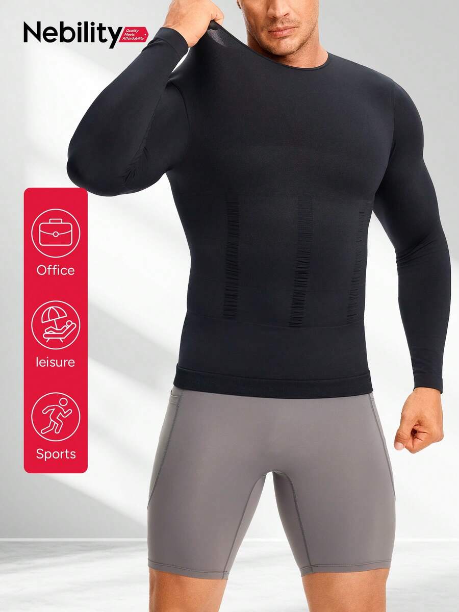 Nebility Men's Long-Sleeved Compression Shirt, Tight-Fitting Underwear - New Autumn/Winter Style, Sports Base Layer, Crew Neck Underwear - 黑色 - 查看 1