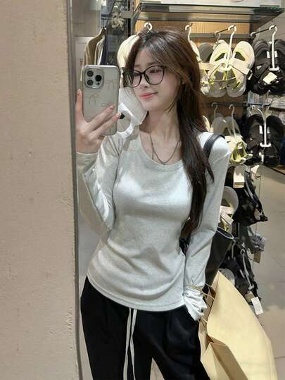 韩版女式短款修身长袖T恤，分层汗衫