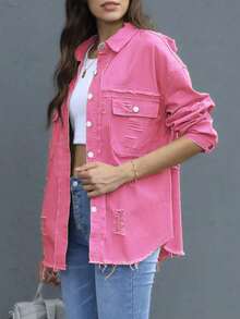 Chaqueta vaquera rosa claro rasgada para mujer, chaqueta vaquera boyfriend informal de manga larga, chaqueta básica de camionero - Rosa - Ver 4