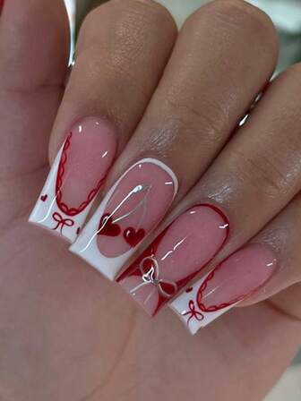 24pcs Long Square Bow Nails And Cherry Nails Pattern Design White French Acrylic Press On Nails Fit Perfectly Design False Nails Set, Include: 1pc Jelly Glue And 1pc Nail File, Valentine Nails Make Your Fingertips Shine And Beautiful,Fall Nails Very Suitable For Parties, Dancing And Daily Wear