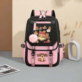 Mochila de nailon con estampado de capibara - Estilo casual, ligera, plegable, correa para el hombro ajustable, cierre con cremallera, limpiable con toallitas húmedas, gran capacidad, adecuada para la escuela y los viajes Mochila linda de nailon, adecuada para la escuela, la universidad y los viajes