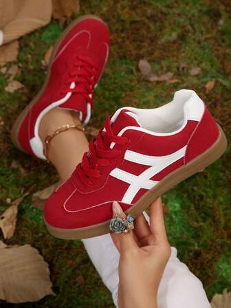 Red Flat Casual Sports Shoes Lace-Up Trainers Sneakers Leather Upper, Versatile Slip-On Elegant Casual Fashion Running Shoes