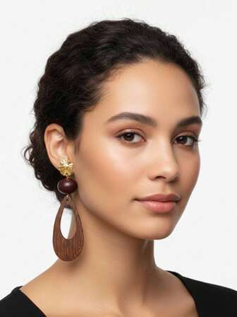 1 par de pendientes de madera vintage con cuentas geométricas huecas y colgante de aleación, pendientes de madera asimétricos con diseño de moda