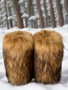 Grey Shaggy Faux Fur Mid Calf Boots, Round Toe Slip On Flat Women Christmas Halloween Party Gift Winter Snow Outdoor Warm Fur Boots - 棕色 - 查看 3