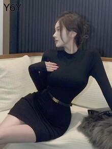 Y6Y 性感修身高领毛衣连衣裙，凸显身材的迷你裙，秋冬款 - 黑色 - 查看 5