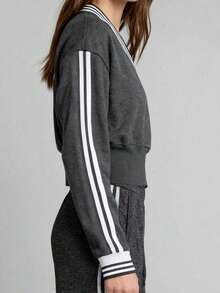 Women's Black V-Neck Striped Cropped Sweatshirt, Retro Sporty Long Sleeve Top, Athletic Pullover For Gym & Street Fashion - Dark Grey - View 3
