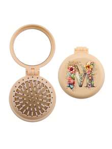 Brodark 1个象牙色和米色花卉图案26字母迷你镜梳，小巧便携，女士必备气垫梳，可折叠气垫按摩梳，镜子和梳子一体设计，旅行和露营配件，返校必备 - 黃色 - 查看 11