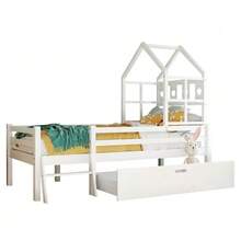Children's Cabin Bed With Ladder And Drawers, Slatted Base Included, Solid Wood Loft Bed With Fall Protection 90x200cm White (Without Mattress) - 白色 - 查看 1