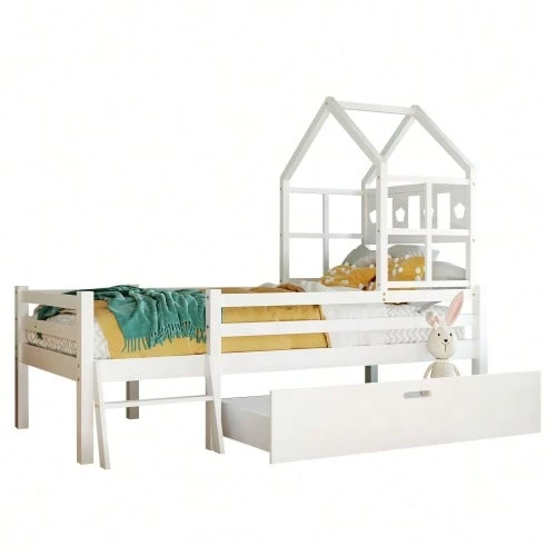 Children's Cabin Bed With Ladder And Drawers, Slatted Base Included, Solid Wood Loft Bed With Fall Protection 90x200cm White (Without Mattress) - 白色 - 查看 1