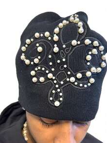 Design Hip Hop Pearl Bow Black Plush Knitted Hat Women's Autumn And Winter Warm Baotou - 黑色 - 查看 2