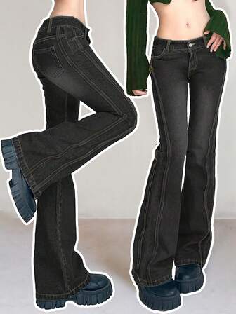 女式 Y2K 带口袋喇叭牛仔裤，秋季