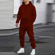 Men's Autumn Suit Casual Sports Solid Color Hoodie Men's Two-Piece Set Loose Sweatshirt Men's Clothing - 酒紅色 - 查看 1