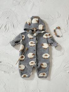 Newborn Baby Boy Thick Hooded Jumpsuit With Sheep Print, Warm For Winter - Grey - View 7