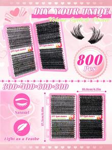 800PCS-30D/40D/60D/80D/100D Clumpy Faux Lashes Set With Grafting Tools, Curl 9-18mm Mixed Length Cat Eye Style DIY At Home For Music Festivals, Christmas, Halloween, And All Festive Occasions - Black - View 5