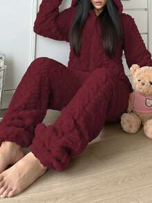 1pc Women's Hooded Jumpsuit With Ears, Heart Pattern, Cozy & Comfortable, Warm For Autumn/Winter - Redwood - View 7