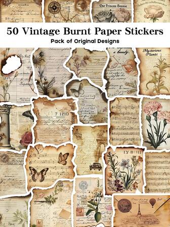 50pcs Vintage Burnt Paper Stickers Holiday Gifts Party & Home Decor Class Reward Birthday Gift Decoration Scrapbook Laptop Luggage Guitar Water Cup Phone Case DIY Decal
