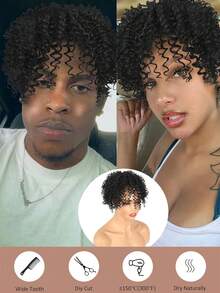 黑色非裔蓬松卷曲假发片，夹式真人发片，适合头发稀疏的男士和女士，自然丰盈柔软的黑色假发片。