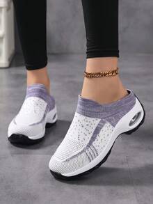 Women Breathable Knit Air Cushion Slip-On Sock Shoes Mesh Colorblock Round Toe Low Top Platform Heel Casual Shoes Daily Walking Summer Purple Fabric Sock Sneakers - Mauve Purple - View 9