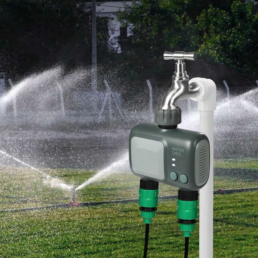 Temporizador de riego WiFi , 2 salidas, temporizador de agua inteligente para grifo de manguera con entrada de latón, control de aplicación a través de WiFi de 2,4 Ghz o Bluetooth, control de voz con Alexa y Assistant, IPX6 para riego de jardín - 2 salidas - Ver 1