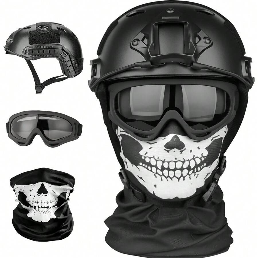 Airsoft Helmet And Mask, Full Face Mask With Detachable Goggles, Paintball Black Helmet With NVG Mount And Side Rail, Military Tactical Gear - Pj-skull - 查看 1