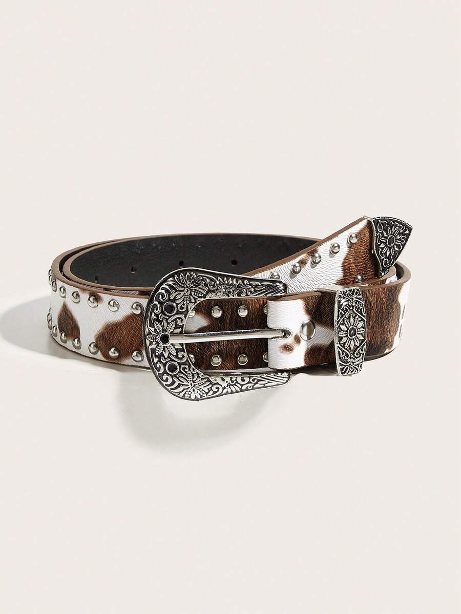 1pc Women's Western Cowgirl Style Snap Buckle Milk Texture Rivet Belt, Suitable For Daily Wear - Multicolor - View 1