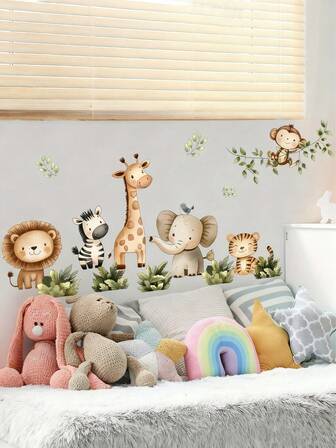 1ชิ้น สติกเกอร์ติดผนังลายการ์ตูนสัตว์ป่าน่ารัก เหมาะสำหรับห้องเด็ก ห้องนอน ห้องนั่งเล่น ของตกแต่งผนังสร้างสรรค์ วัสดุไวนิล กาวในตัว