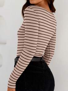 Women's Long Sleeve Tops Slim Fit Stylish Striped Half Button Up Square Neck T-Shirt For Fall - Beige - View 4