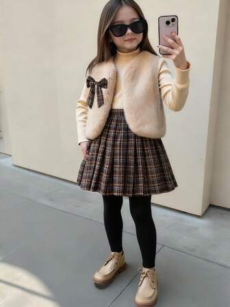 Conjunto casual y lindo para niñas: Camiseta de unicolor + Chaleco de piel sintética + Falda plisada a cuadros