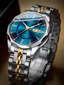 Dianpai Men's Automatic Mechanical Watch, Stainless Steel Band With Dual Calendar, Rhinestone, Gradient Round Dial, Business Casual, Waterproof, Luminous Wristwatch - Blue - View 9