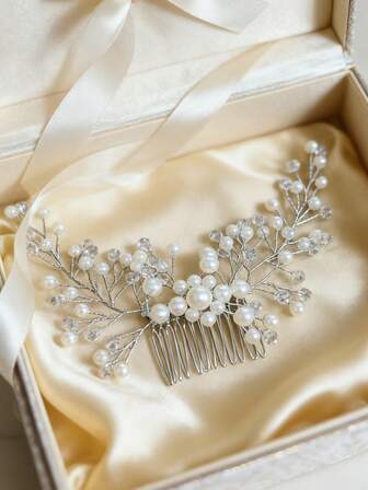 Elegant French Pearl & Rhinestone Vine Hair Comb, Vintage Bridal Wedding Hair Accessory