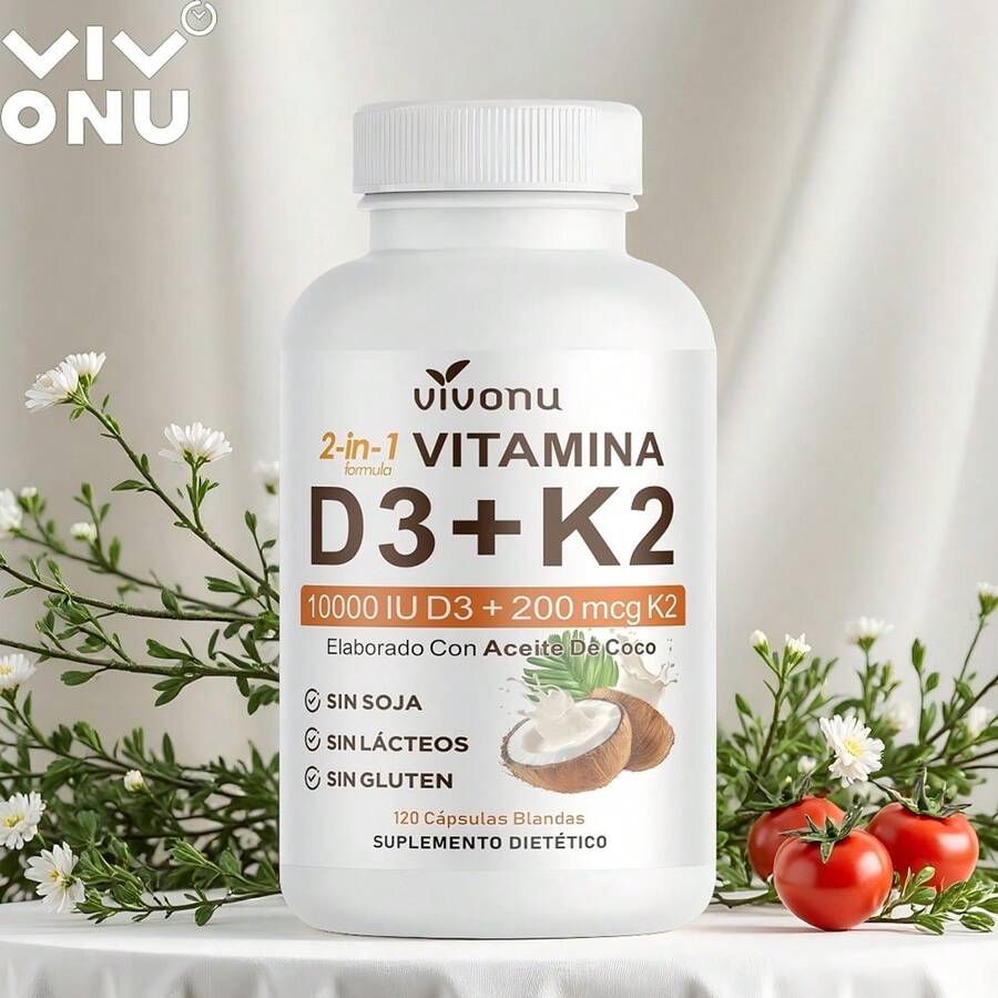 VIVONU Vitamina K2 contiene suplementos d3, fórmula non - gmo, 5000 UI de vitamina D3 y 90 microgramos de K2 - 7, complejo D & k fácil de tragar, 120 cápsulas - 1 botella - Ver 1