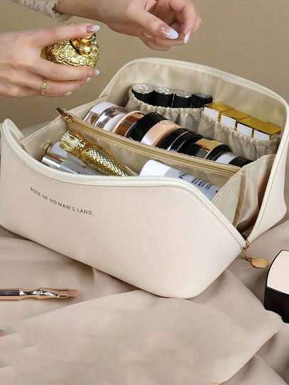 Large Capacity Dual Layer PU Leather Waterproof Cosmetic Bag, Multi-Functional Travel Organizer Pouch, Makeup Bag, Skincare Pouch, Essential For Autumn, Must-Have For Vacation, Women Bag