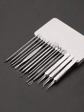 Set de 15 piezas de herramientas de cuidado facial para eliminar espinillas, puntos negros y limpiar los poros profundamente, con caja de hierro