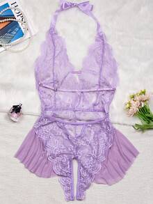 1pc Women's Sexy Lingerie, Sheer Lace Teddy, Lavender Color
