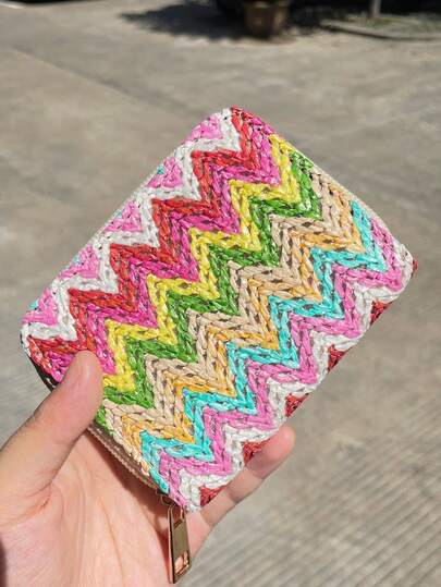 女士极简主义自然风编织钱包，多卡位卡包，便携式短款零钱包