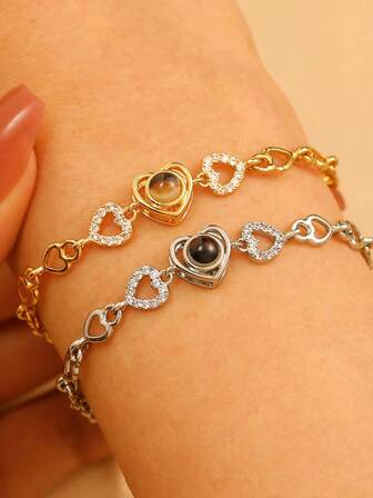 1件装时尚百搭心形投影手链，100种语言“我爱你”几何高清个性化腕饰