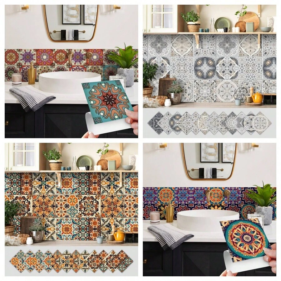 12pcs Bohemian Floral Ceramic Tile Stickers, Self-Adhesive PVC Stickers For Kitchen Backsplash, Bathroom And Stair Walls - Easy To Apply And Remove, 10/15/20cm*12pcs - Multicolor - View 1