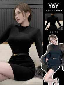 Y6Y 性感修身高领毛衣连衣裙，凸显身材的迷你裙，秋冬款 - 黑色 - 查看 4