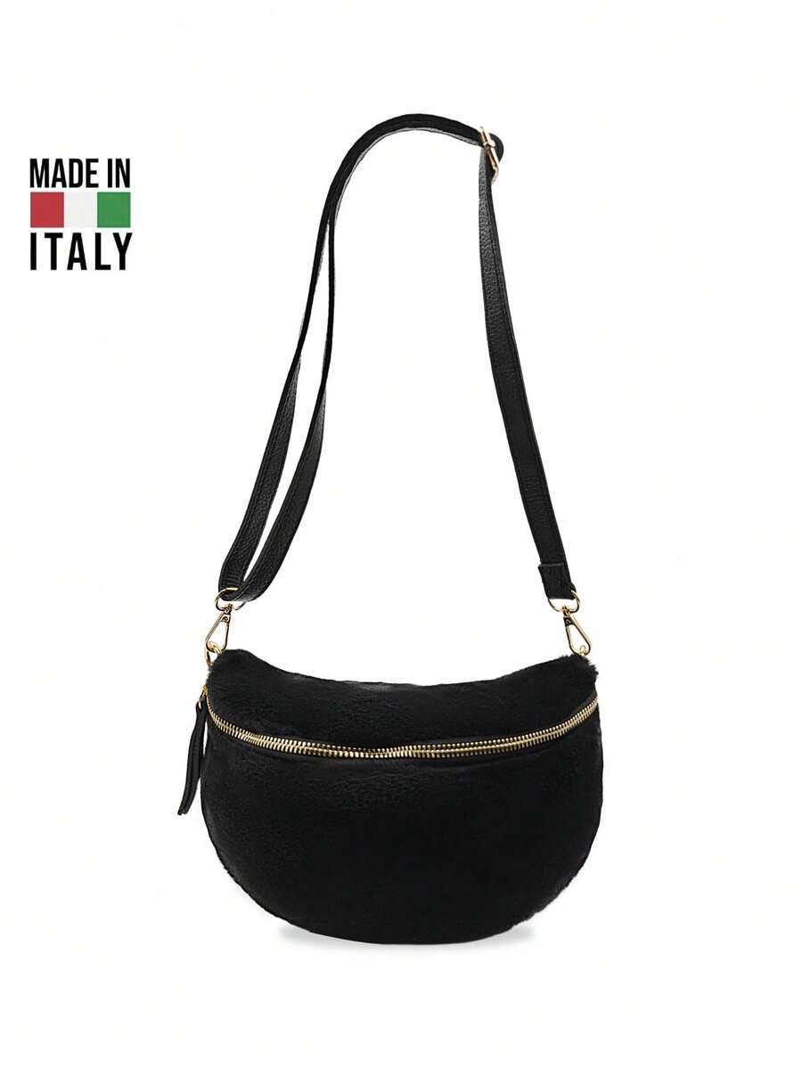 Italian-Made Plush Shoulder/Waist Bag Is Perfect For Business Trips, Vacations, And Work. Versatile. Available In A Variety Of Colors. - Black - View 1