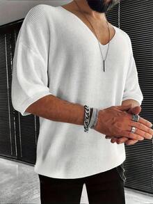 Jersey de cuello en V suelto con hombros caídos y manga corta para hombre - Blanco - Ver 1