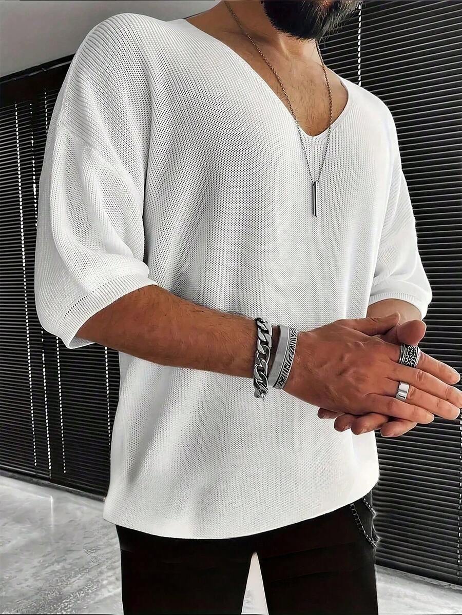 Jersey de cuello en V suelto con hombros caídos y manga corta para hombre - Blanco - Ver 1