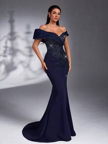 IBTRLY Elegant 3D Off-Shoulder Beaded Sequin Patchwork Elastic Fabric Waist Rhinestone Tie Adjustable Slit Mermaid Evening Gown For Formal Dinner Wedding - Navy Blue - View 10