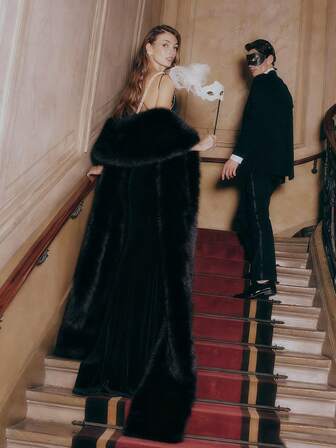 1pc Women's White Faux Fur Shawl, Extra Long, Elegant, High-End, Versatile Design For Bridal, Party, Photo Shoot, Black Color Available