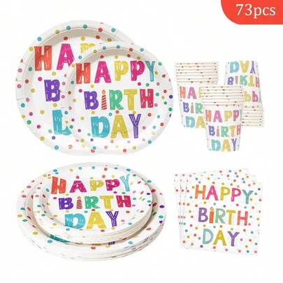 16pcs Colorful Polka Dot Happy Birthday Disposable Plates, Napkins And Cups, Party Supplies Suitable For 16 Guests, Disposable Paper Plates For Birthday, Wedding, Party, Family Picnic