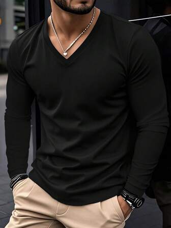 Men's V-Neck Long Sleeve Lightweight T-Shirt, Casual Loose Fit Plus Size Fashion, Daily Wear, Vacation, Sports, Solid Color Basic Top, Spring/Autumn