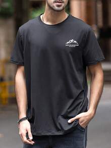 Men's Casual Simple Mountain Print Short Sleeve T-Shirt - Black - View 3
